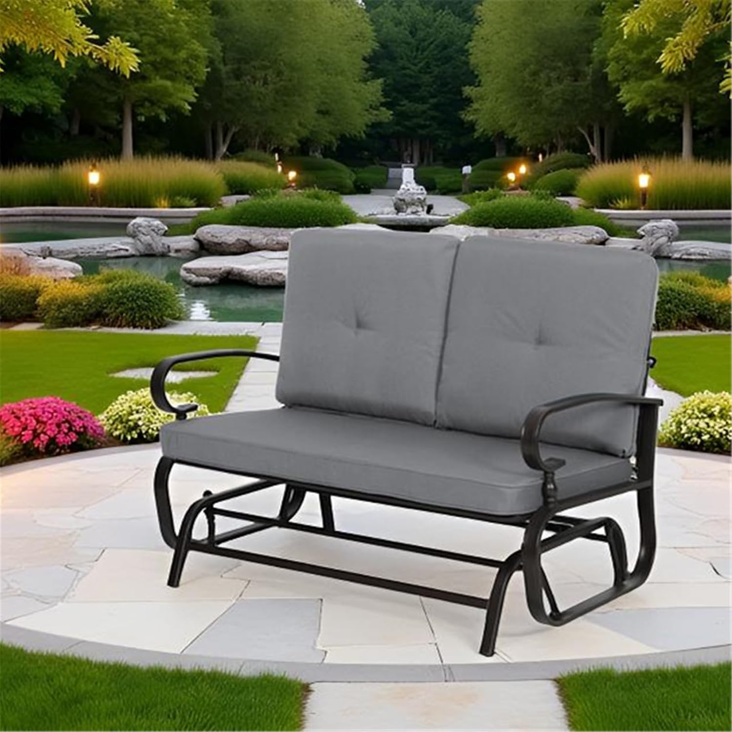 SUNCROWN Outdoor Swing Glider Chair, Patio 2 Seats Loveseat Rocking Chair with Cushions, Steel Frame Furniture Garden Seating with Cushion - Grey