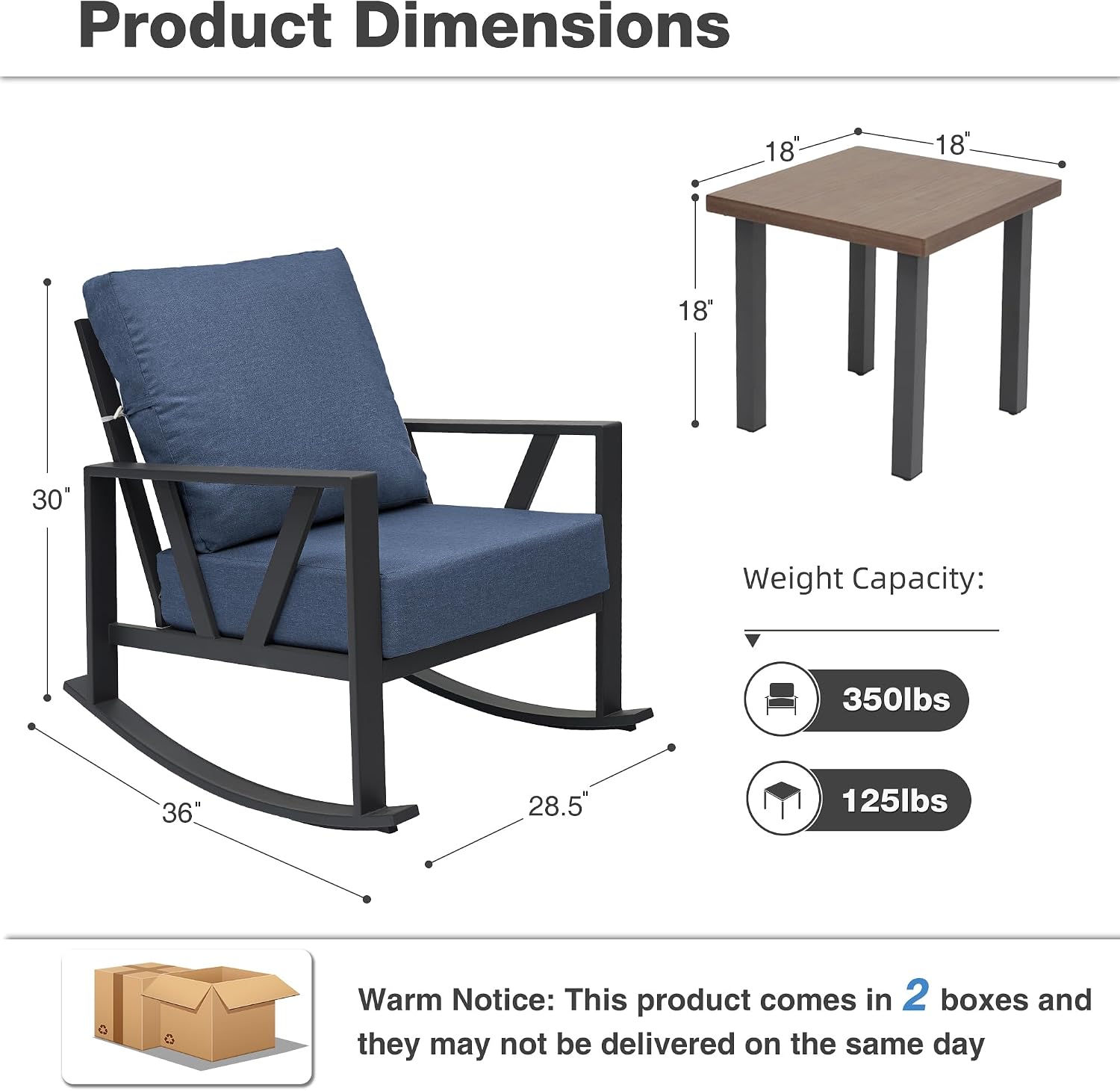 Outdoor Patio Rocking Chairs Set of 2, 3 Pieces Patio Porch Furniture Set with 6' Thick Cushions, Outdoor Bistro Set with Coffee Table,Blue
