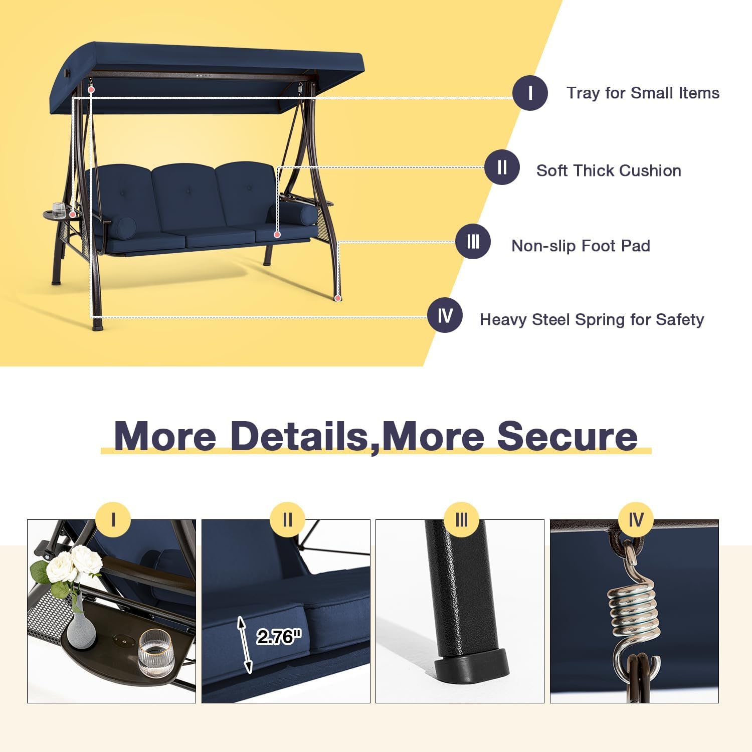 HOMREST 3 Person Outdoor Porch Swing with 1.5' Upgraded Cup Holder, Adjustable Canopy, Backrest, Patio Swing Bed with Weather Resistant Steel Frame, Cushions for Garden,Deck and Poolside(Blue)