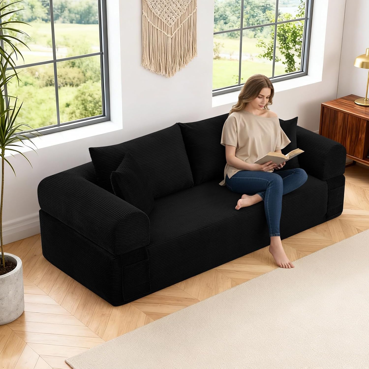 3 Seater Sofa Couch for Living Room, Black, 38' D | 4 Pillows