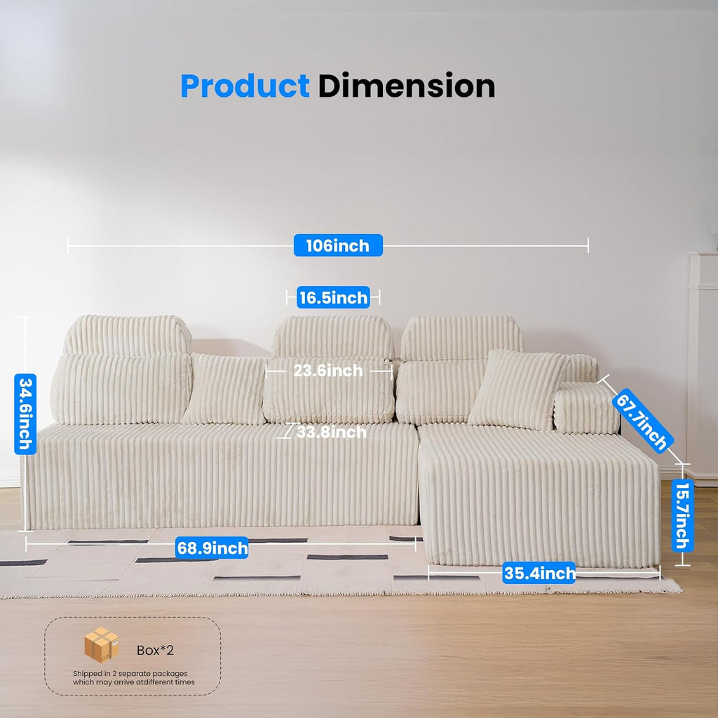 HOMRELEXA 106'' Sectional Couch with High Backrest, L-Shape Modular Sectional Sofa Convertible Left or Right Chaise, Cloud Corduroy, Boneless Couches Comfortable for Living Room(Beige)