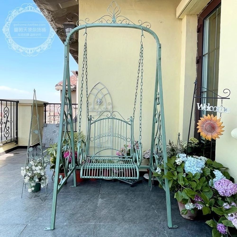 Heavy-Duty Outdoor Benchs Garden Balcony Patio Decorative Outdoor Rustic Vintage Iron Swing Chair for Hanging Double Rocking Slatted Seat for Park, Yard & Porch