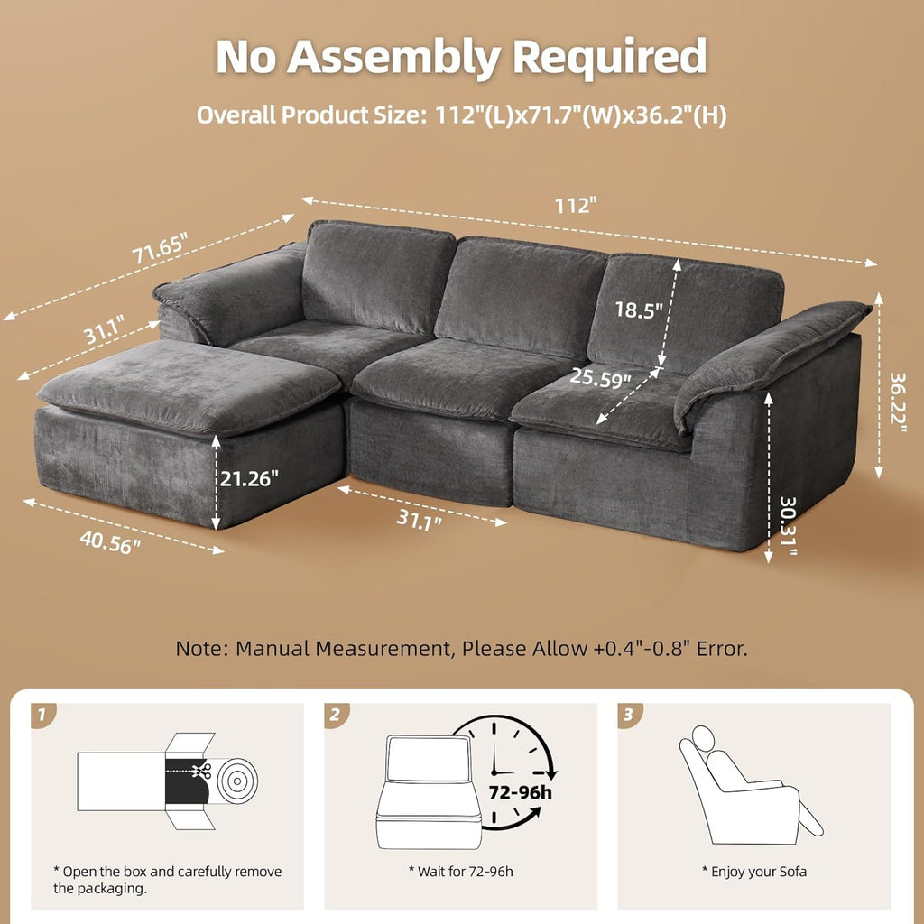 112' Cloud Couch Sectional with Padded Armrests & Moveable Ottoman Boneless Sectional Couches for Living Room Dark Grey Couch, No Assembly Required