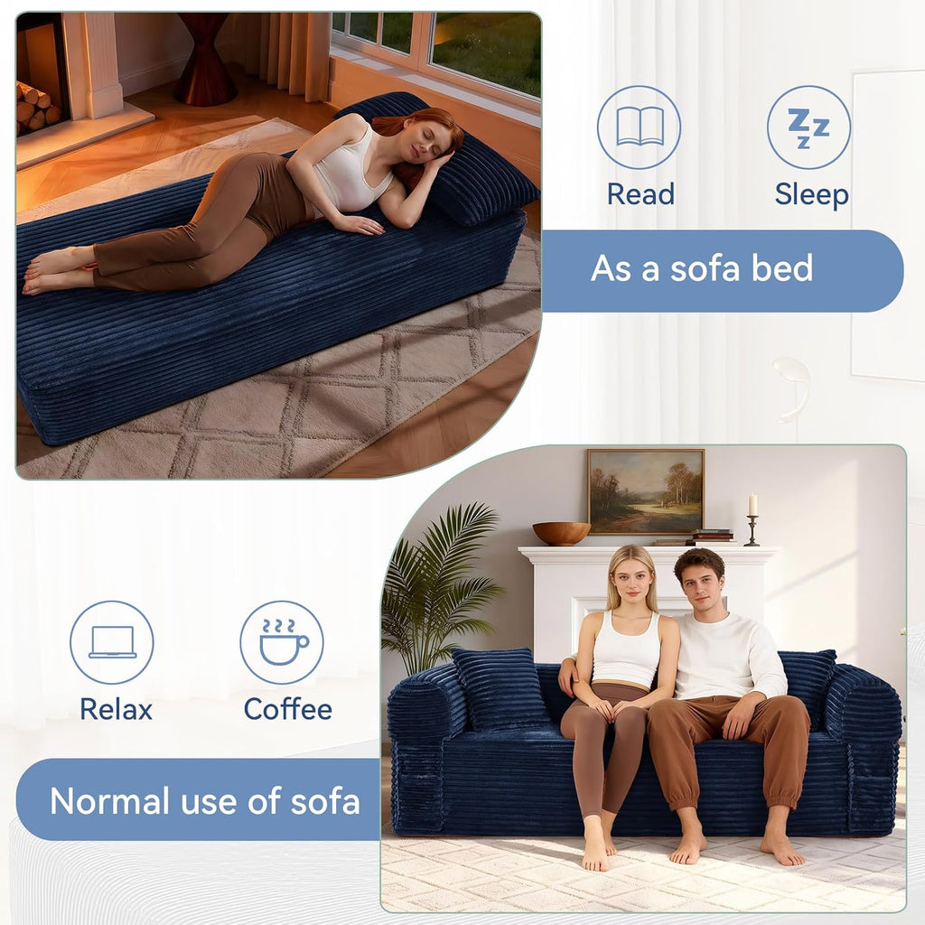 3 Seater Sofa Couch for Living Room (Blue, 30' D + 2 Pillows +Fixed-Shape Frame)