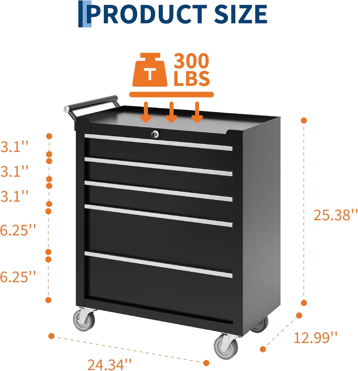 IDEALHOUSE Rolling Tool Chest, 5 Drawers Tool Storage Cabinet, Toolbox with Wheels, Portable Tool Cabinet Organizer with Locking System & Drawer Liners, Tool Storage Cart for Garage, Workshop, Black