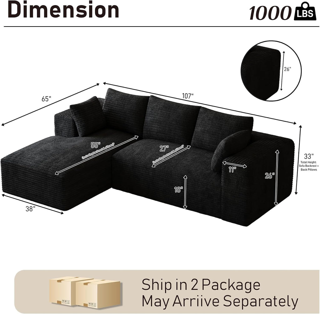 107' L-Shaped Boneless Sectional Couches for Living Room, Comfy Corduroy Fluffy Cloud Couch, Deep Seat Memory Foam Plush Modular Sectional Sofa with Left-Facing Chaise, No Assembly, Black