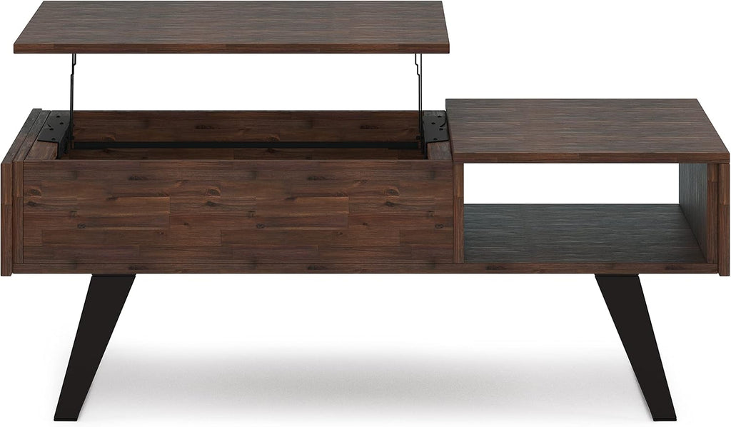 SIMPLIHOME Lowry Lift Top Coffee Table - 48 inch Wide Solid Acacia Wood and Metal Living Room Table in Distressed Charcoal Brown, Modern Industrial Cocktail Table with Hidden Storage and Open Shelf