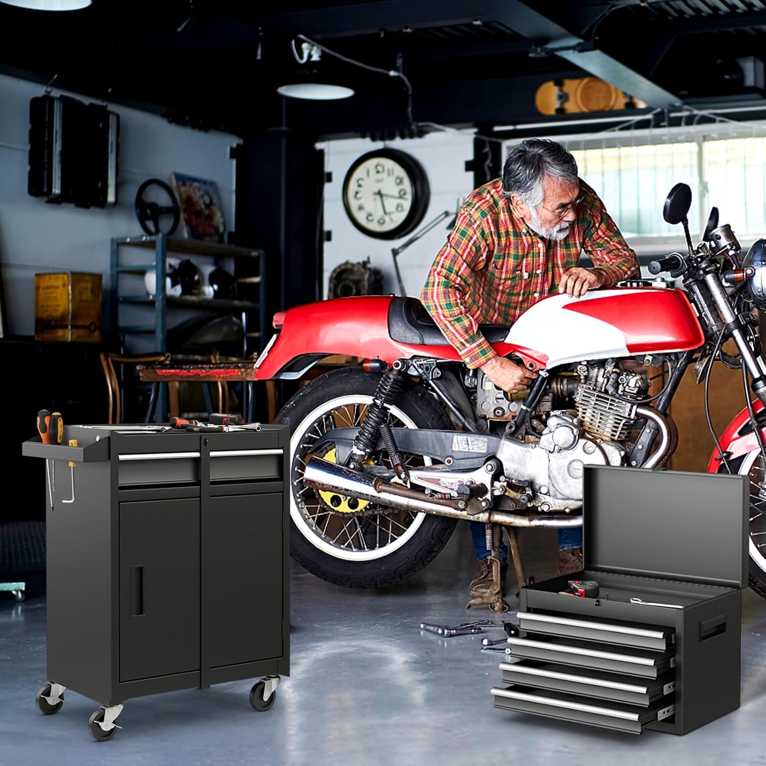 Goplus Tool Chest, 5 Drawers Rolling Tool Cabinet with Detachable Top Toolbox, Universal Lockable Wheels, Lock Bar, Protective Liner & Tool Rack, Metal Tool Storage Cart, Tool Box for Garage Workshop