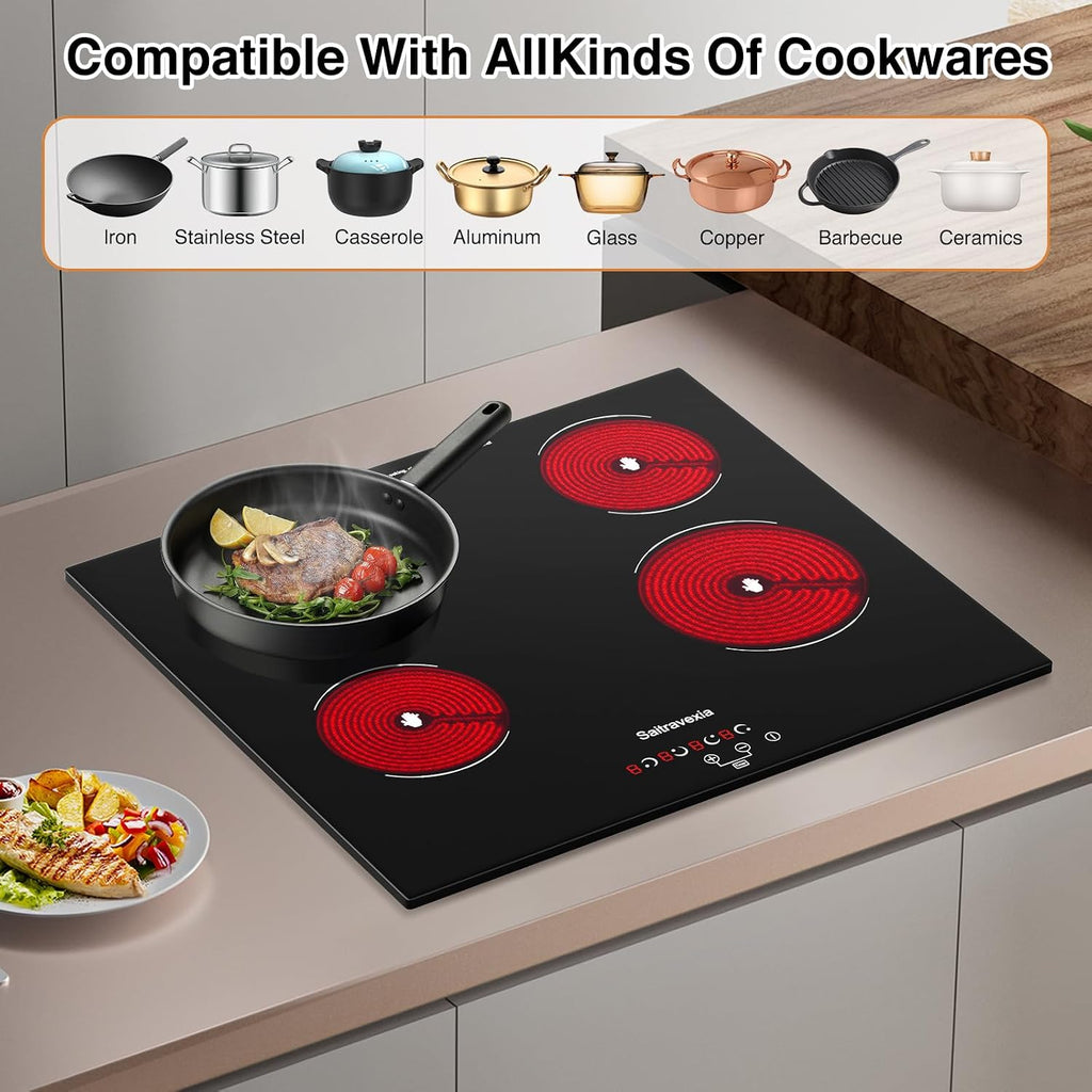 Electric Cooktop 24 Inch 4 Burners Built-in Electric Stove Top with Sensor Touch Control Child Safety Lock 9 Heating Power Settings, 6800 High Power, 220-240v Hard Wired