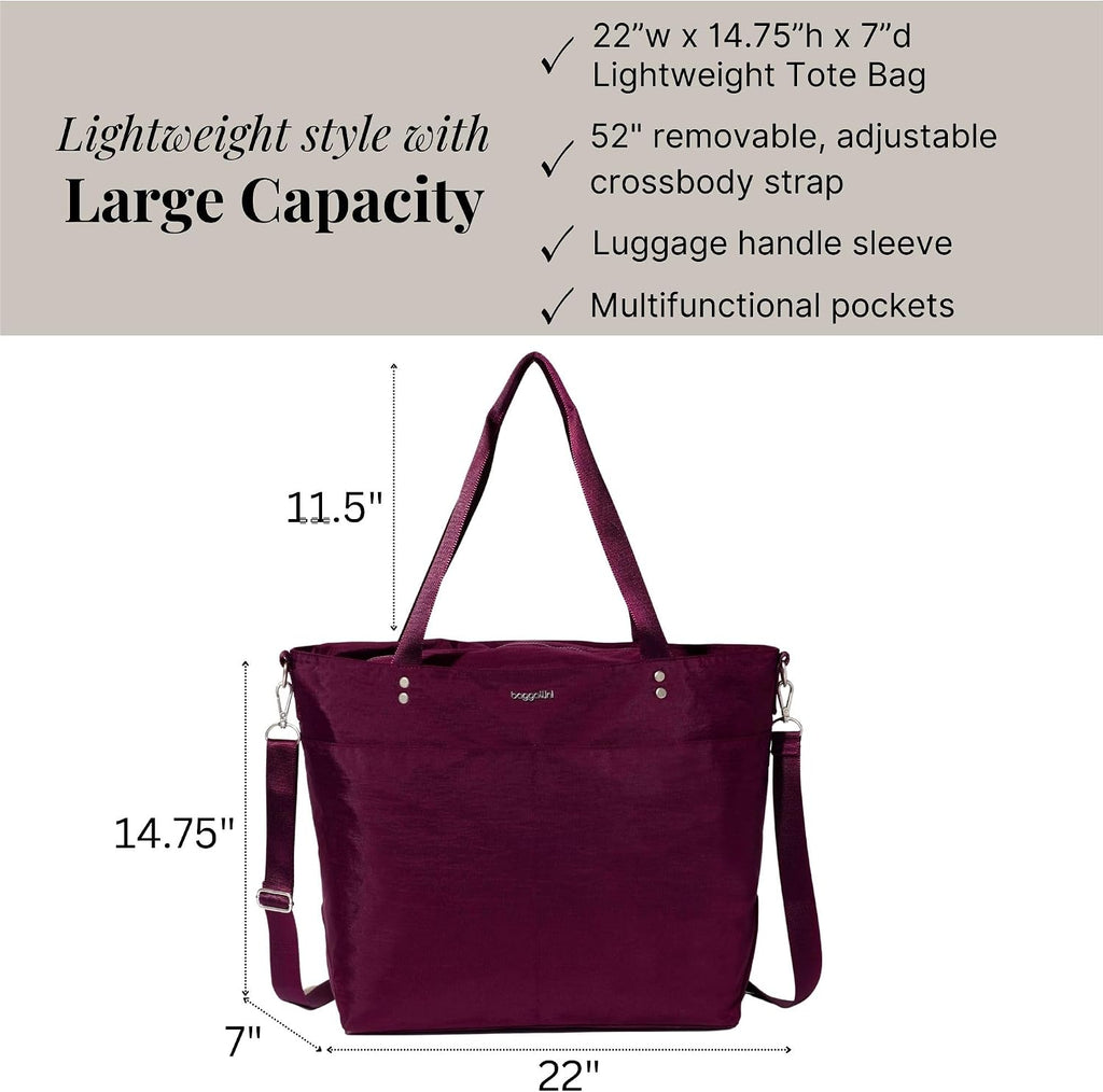 Baggallini Carryall Tote - Lightweight Nylon Zipper Top Weekender Travel Beach Bag w/Luggage Sleeve