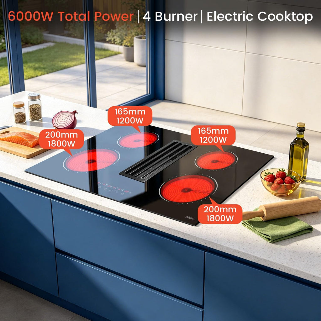 Hobsir Electric Cooktop 30 Inch with Downdraft, 4 Burner Radiant Cook top 6000W, Ductless Downdraft Electric Cooktop 496m³/h, 30' Stove Top with 9 Power Level, Timer, Safety Lock, 220V