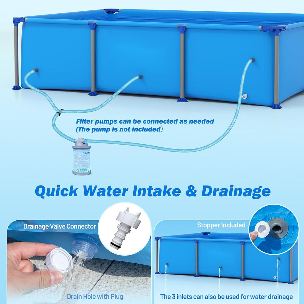 Moccha 8.5' x 6' Rectangle Above Ground Pool - Metal Frame Family Pool Set with PVC Fabric, 3 Stoppers & Drainage Valve Connector, Outdoor Backyard Swimming Pool, 690 Gallons of Water