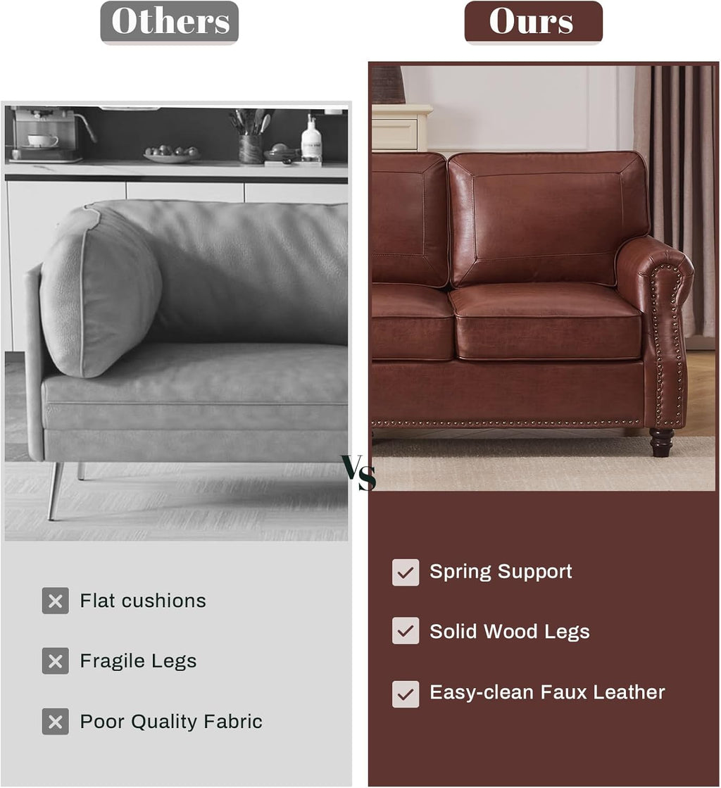 Kingfun Mid-Century Modern Couch, Faux Leather Sofa Set, 3 Seater Couch for Living Room with Rolled arms & Nailhead Trim, Dark Coffee