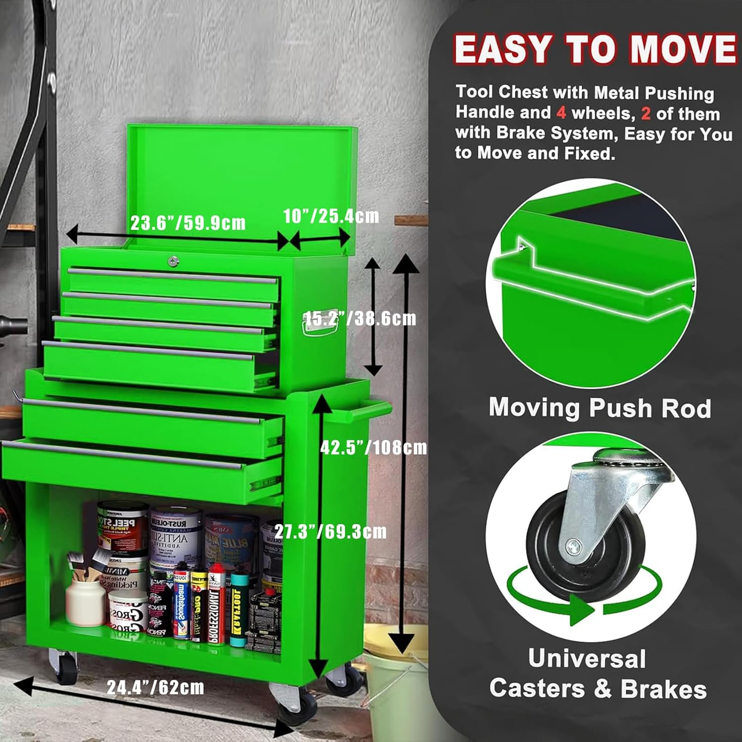 8-Drawer Rolling Tool Chest with Detachable Top Tool Box, Lockable Metal Tool Cabinet, and Liner, Heavy-Duty Storage Organizer with Wheels and 6 Hooks for Garage, Workshop, Green