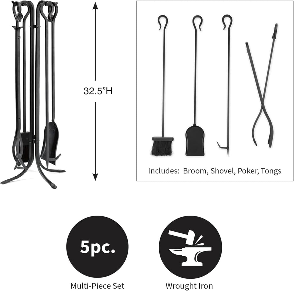 Plow & Hearth 5 Piece Hand Forged Iron Compact Fireplace Tool Set 32.5' | Black Wrought Iron Handle for Outdoor Indoor | Stand Poker Shovel Brush Log Tongs Wood Stove Accessory