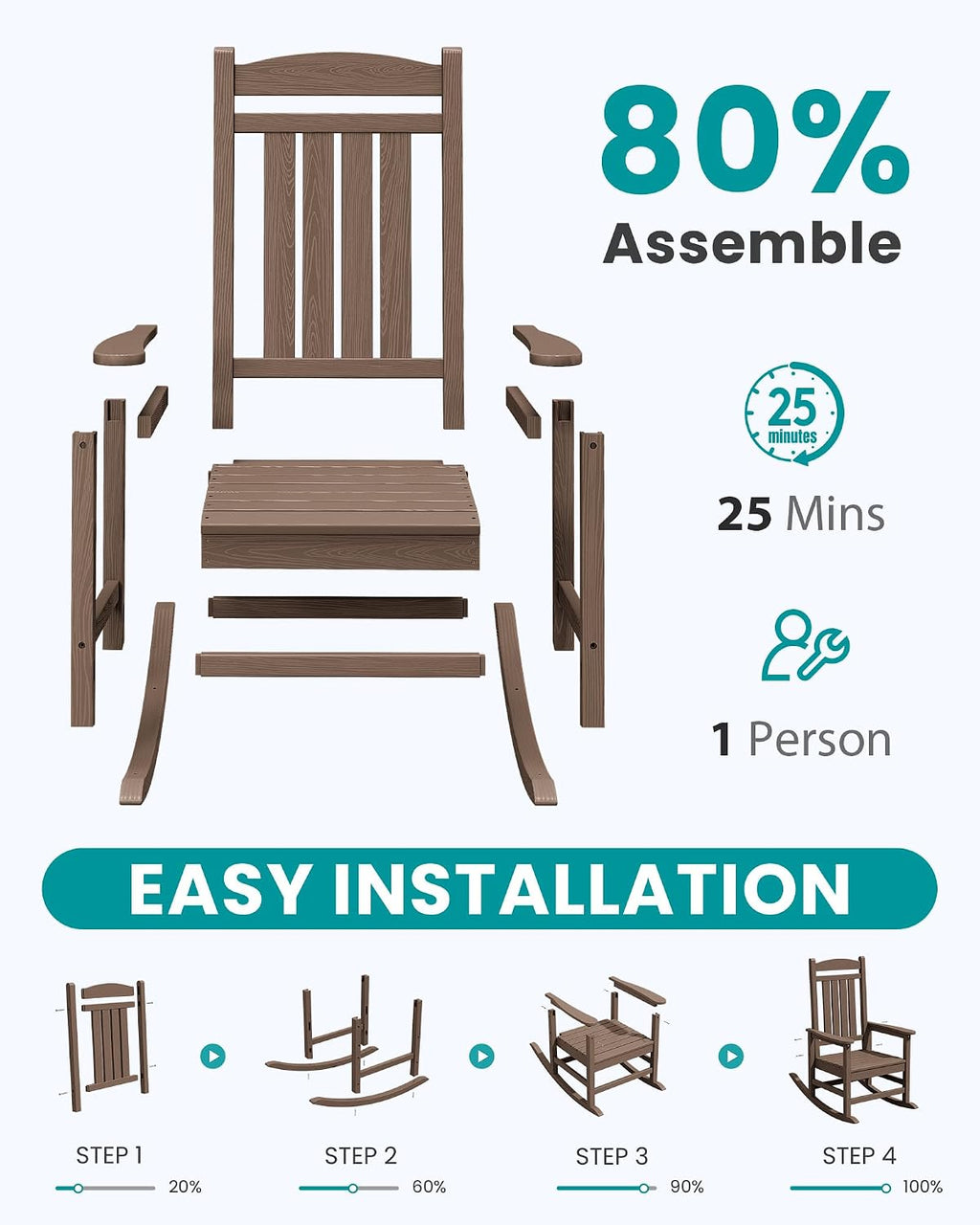 SERWALL Oversized HDPE Outdoor Rocking Chair for Adults, Heavy Duty Patio Rocking Chair, All-Weather Oversized Porch Rocker, Brown