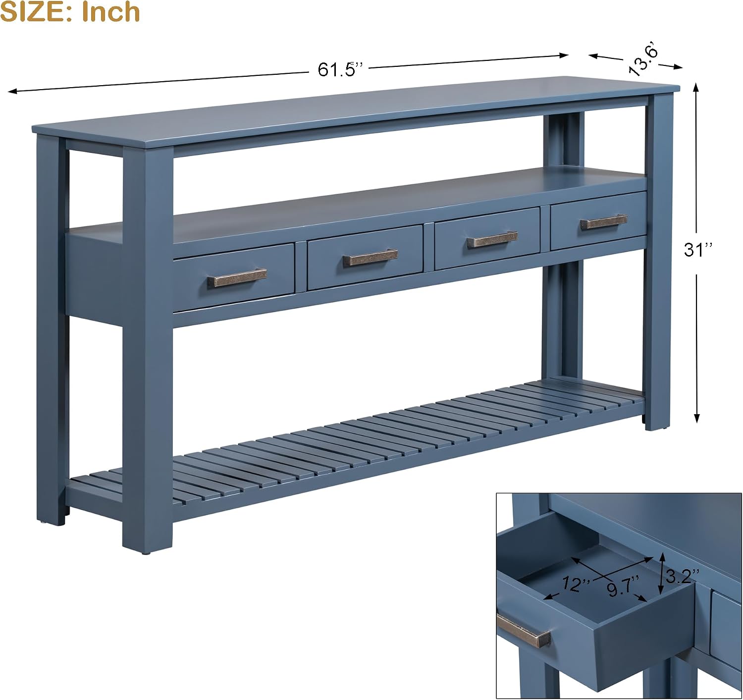 Modern Console Table Long Narrow 62-Inch Sofa Entry Table with Drawers & Open Shelves for Living Room Entryway, Easy Assembly (Navy Blue)