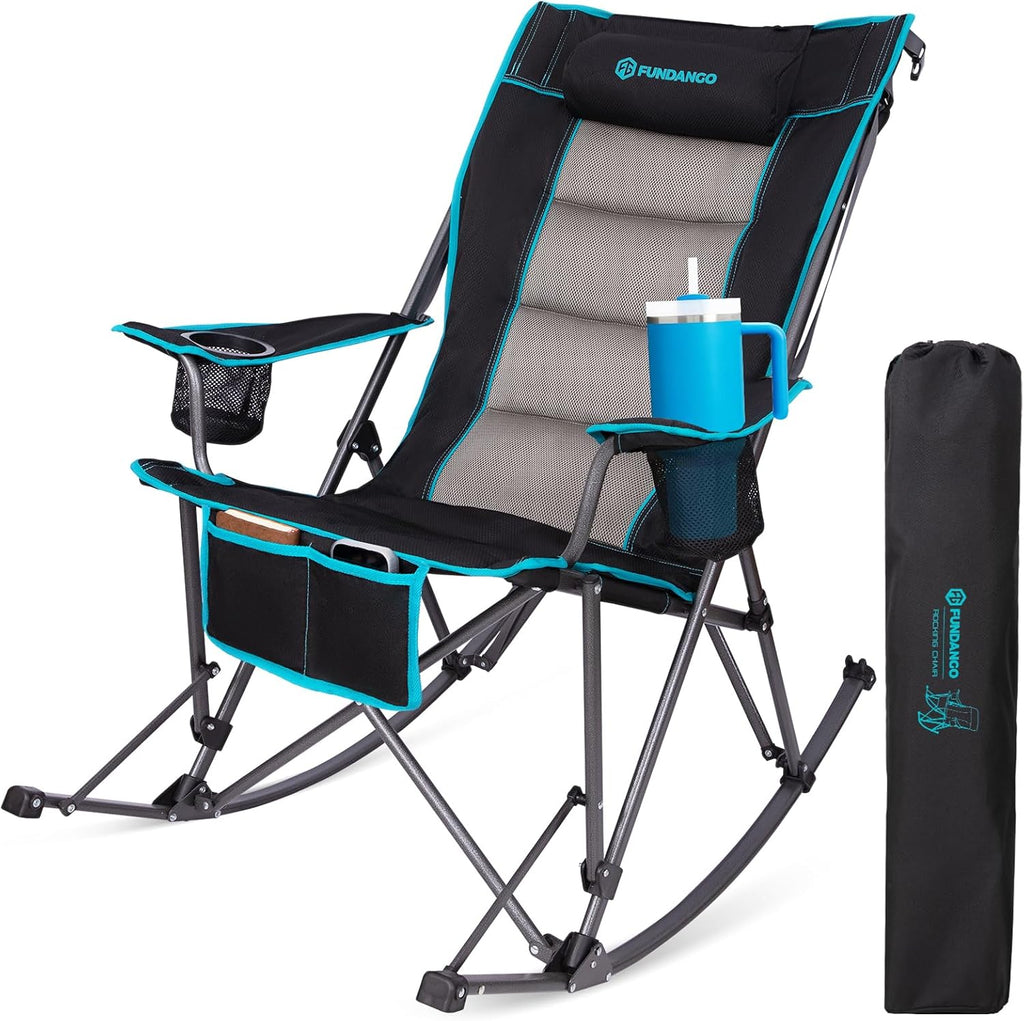 FUNDANGO Oversized Rocking Camping Chair for Adults, High Back Padded Folding Lawn Chairs with Pillows, Wide Armrest, 2 Cup Holders, Carry Bag for Patio Garden Outdoor Supports 440Lbs (Black)