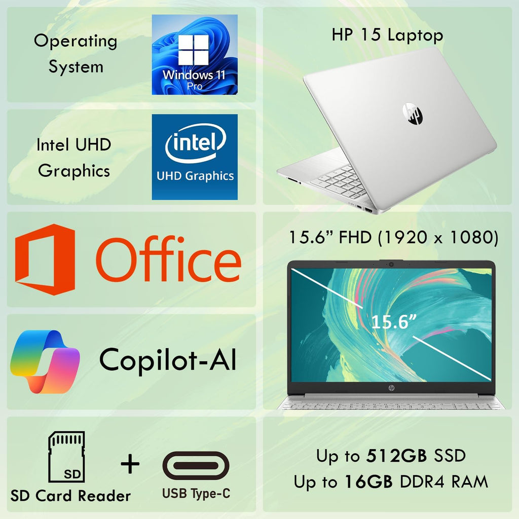 HP 15 Laptop for School, Work, and Home + Microsoft Office 365, 4GB RAM, 128GB SSD, 15.6' FHD 1080p LED Display, Copilot AI, Fast Intel Processor, HDMI, Windows 11 Pro