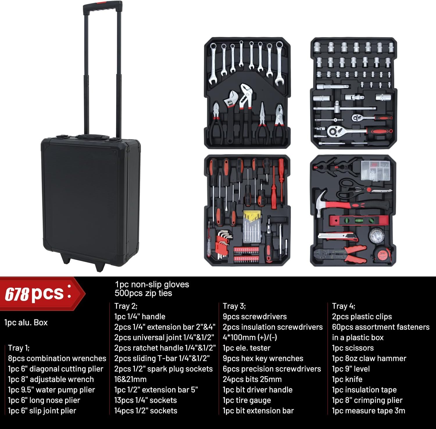 Hantinstom 678PCS Complete Home Tool Set Versatile Rolling Tool Kit for Professional Repair and Maintenance - Heavy and Duty Portable Tool Box with Wheels