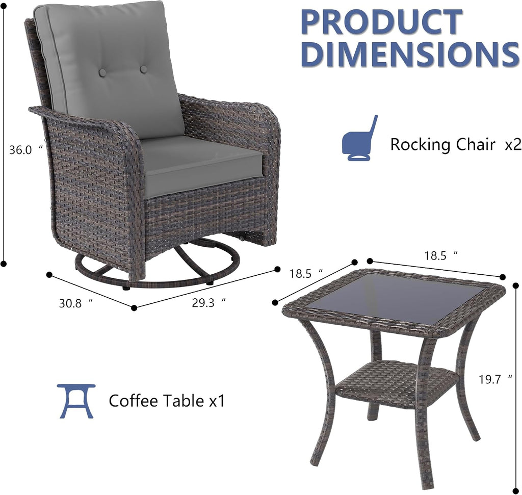 ALAULM Outdoor Swivel Rocking Chairs Set of 2 with 4'Thick Cushions and High Back, Wicker Patio Chairs w/Side Table for Patio, Porch, Poolside, Deck, Backyard, Garden-Grey