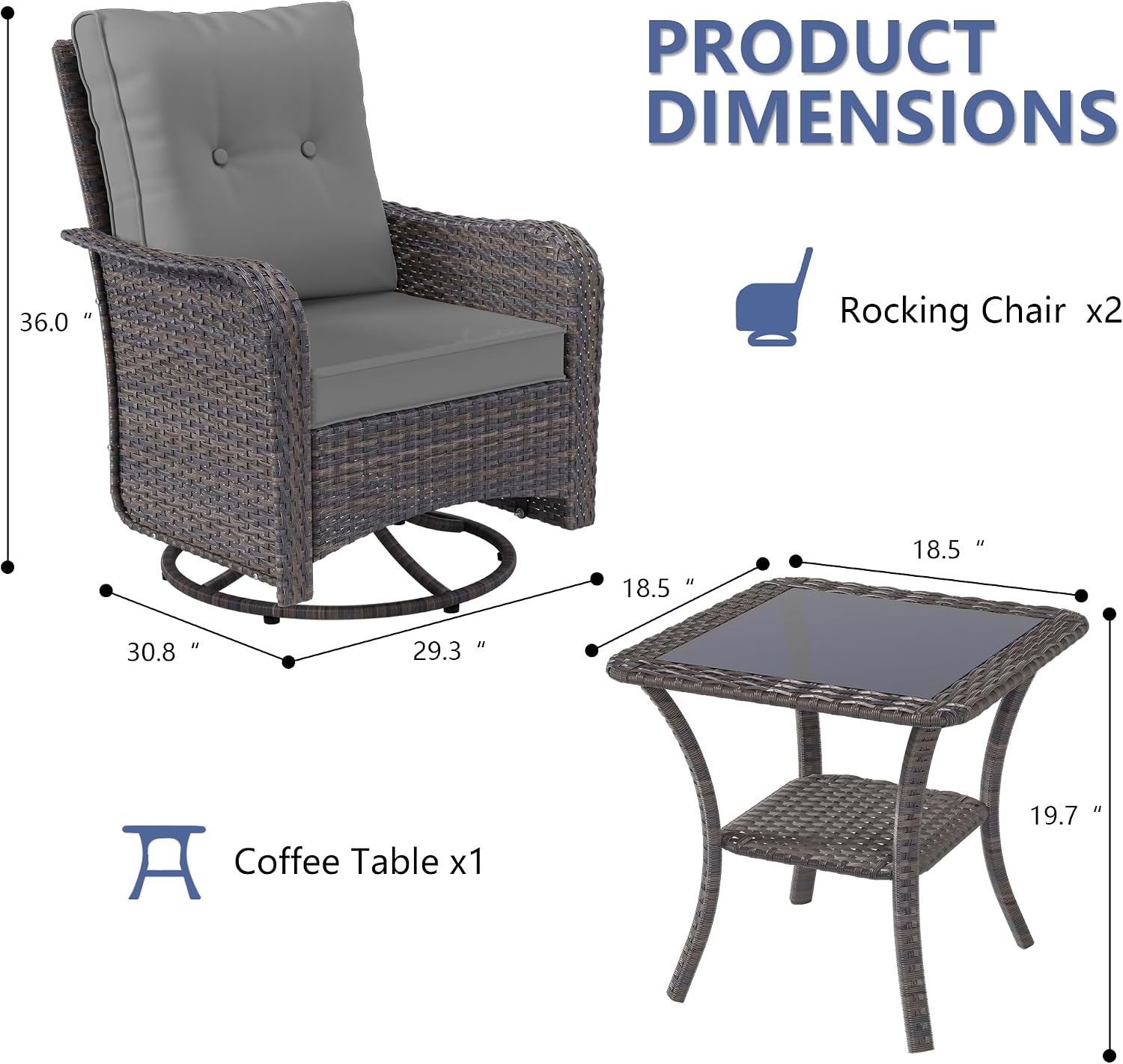 ALAULM Outdoor Swivel Rocking Chairs Set of 2 with 4'Thick Cushions and High Back, Wicker Patio Chairs w/Side Table for Patio, Porch, Poolside, Deck, Backyard, Garden-Grey