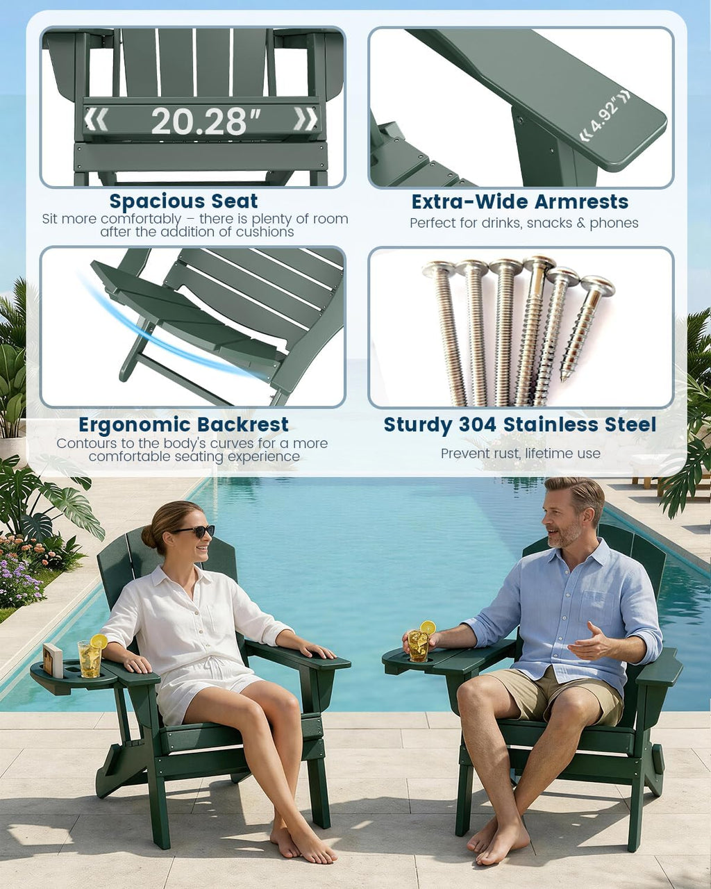 FOOWIN Folding Adirondack Chair Set of 4, HDPE Adirondack Chairs with Cup Holder, Weather Resistant Plastic Fire Pit Chairs for Outdoor, Patio, Lawn, Garden, Backyard, Deck, Green