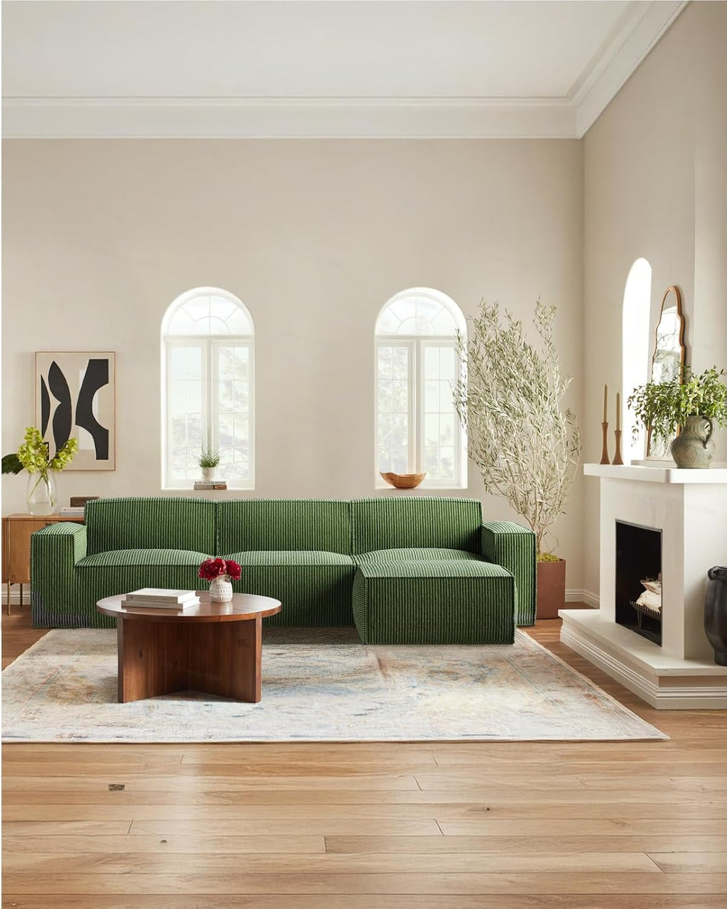 Amada 110' Cloud Sectional Couch with L-Shape Chaise&Movable Ottoman,Modern Modular Sofa with Deep Seat, Boneless Sofa,Couches for Living Room Bedroom,No Assembly Required, Green(Corduroy Fabric)