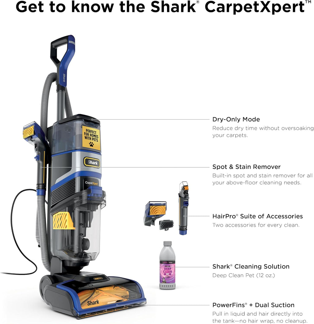 Shark CarpetXpert HairPro | Upright Carpet, Area Rug & Upholstery Cleaner | Carpet Shampooer | Handheld Spot & Stain Eliminator | Pet Hair Pickup & Odor Removal | 2 Cleaning Tools | Cobalt | EX251BRN