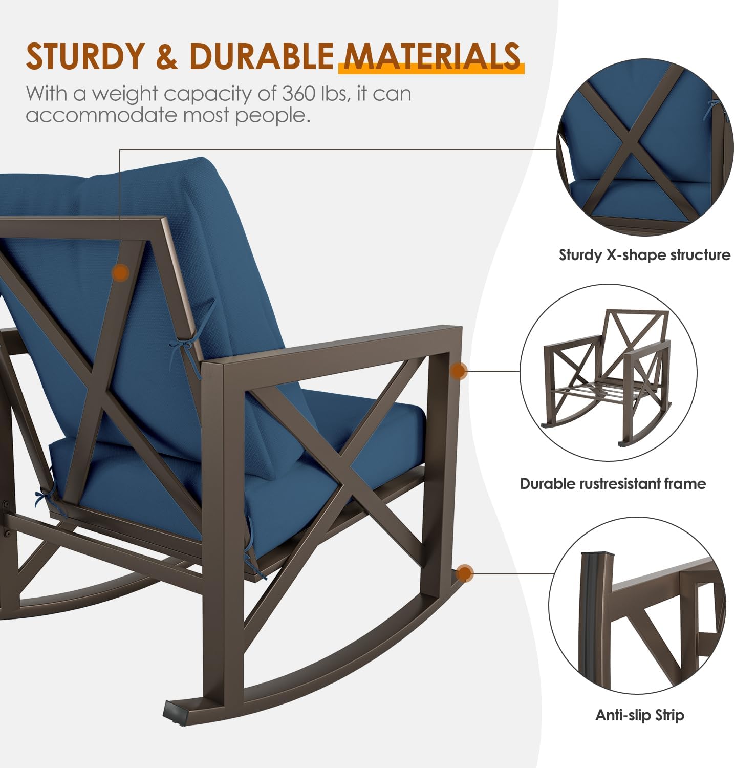 Outdoor Rocking Bistro Set, Patio Rocking Chairs Set of 2 with Coffee Table, 3 Pieces Metal Conversation Sets with 6.5' Thick Cushions for Backyard, Porch, Poolside, Oversized (Blue)