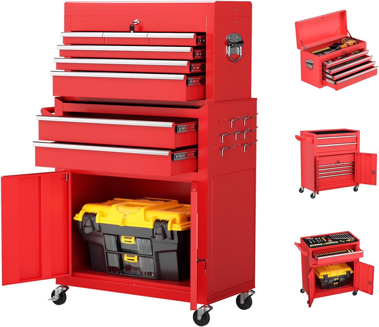 Crownland 8-Drawer Rolling Tool Chest with Wheels, Lockable 2 in 1 Detachable Tool Cabinet wit Drawers and Black Liners, Garage Top Toolbox & Bottom Storage Cart with Side Hooks(Red)
