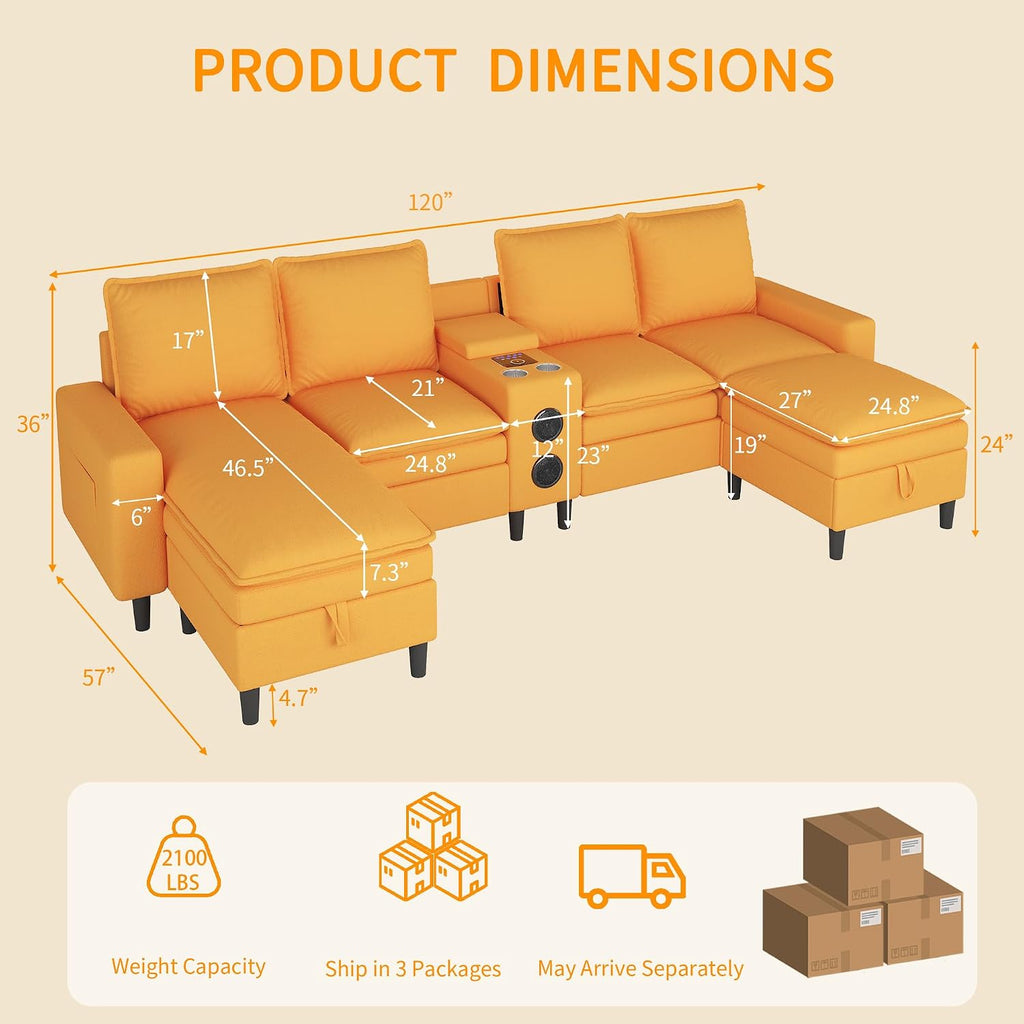 Sectional Couches for Living Room, 4 Seat Sectional Sofa with Smart Module-Bluetooth Speaker/RGB Light/Charging Station, Teddy Fleece U Shaped Cloud Couch with Storage Ottoman (Yellow)