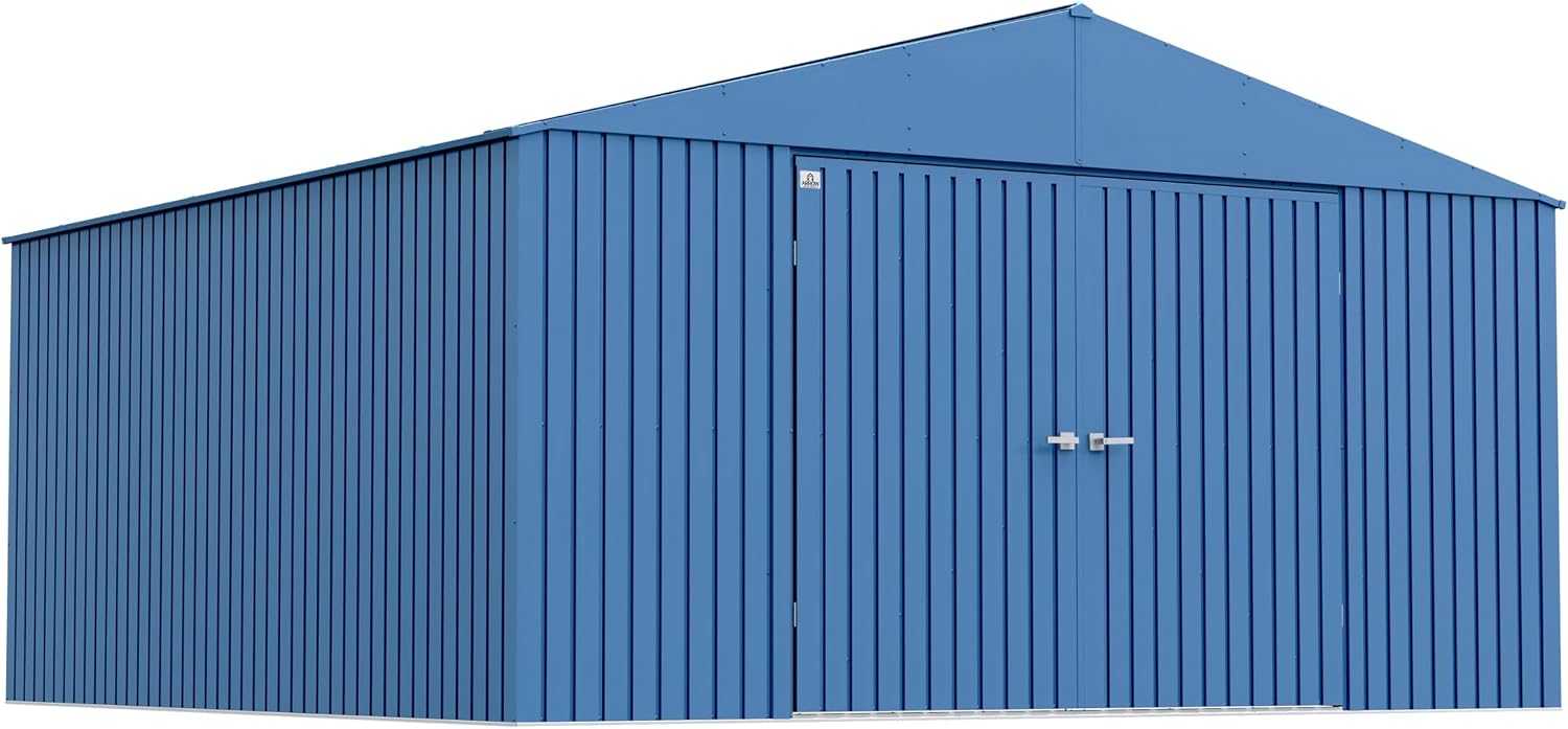Arrow Shed Elite 14' x 14' Tall Outdoor Steel Storage Shed with High Gable and Lockable Doors Storage Building, Blue Grey