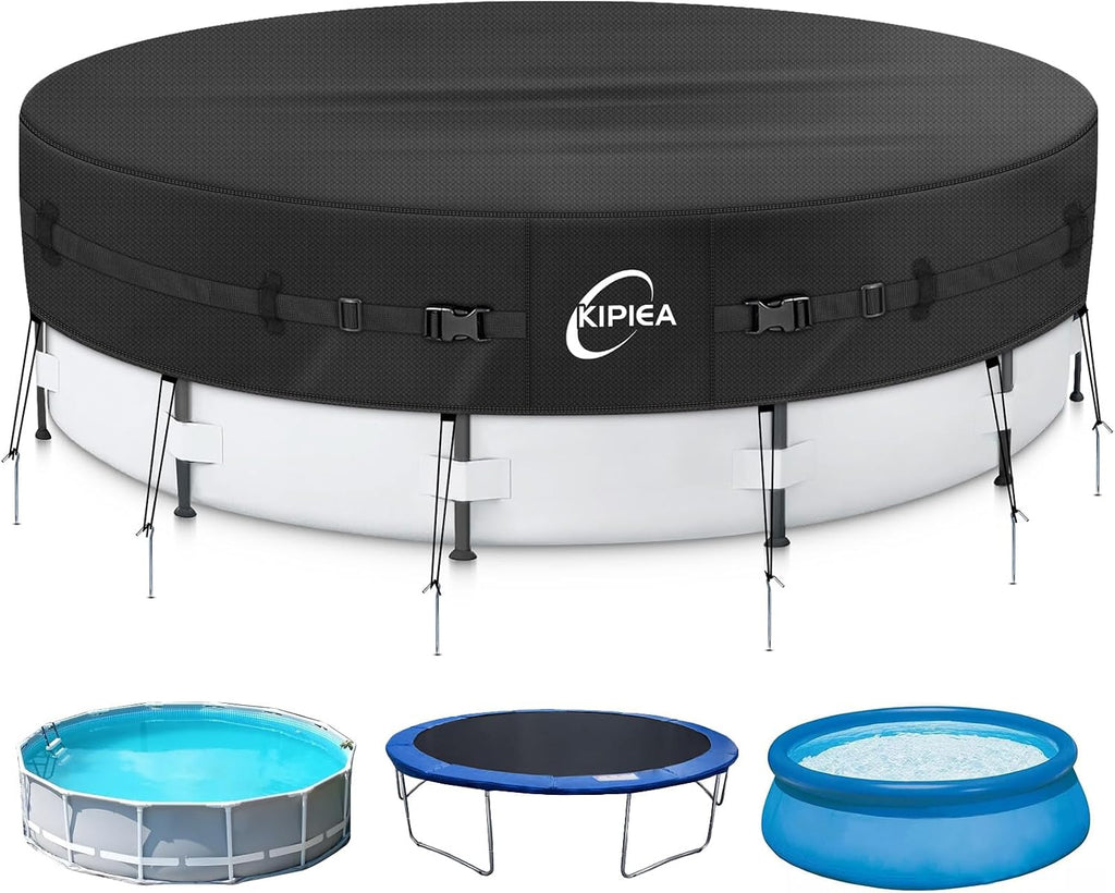 Kipiea Heavy Duty 500D 24ft Round Pool Cover for Above Ground Pools, Swimming Pool Cover with Full Circle Straps, Anti-Slip Straps and Tent Stakes, Featuring Windproof, Waterproof and Dustproof Design