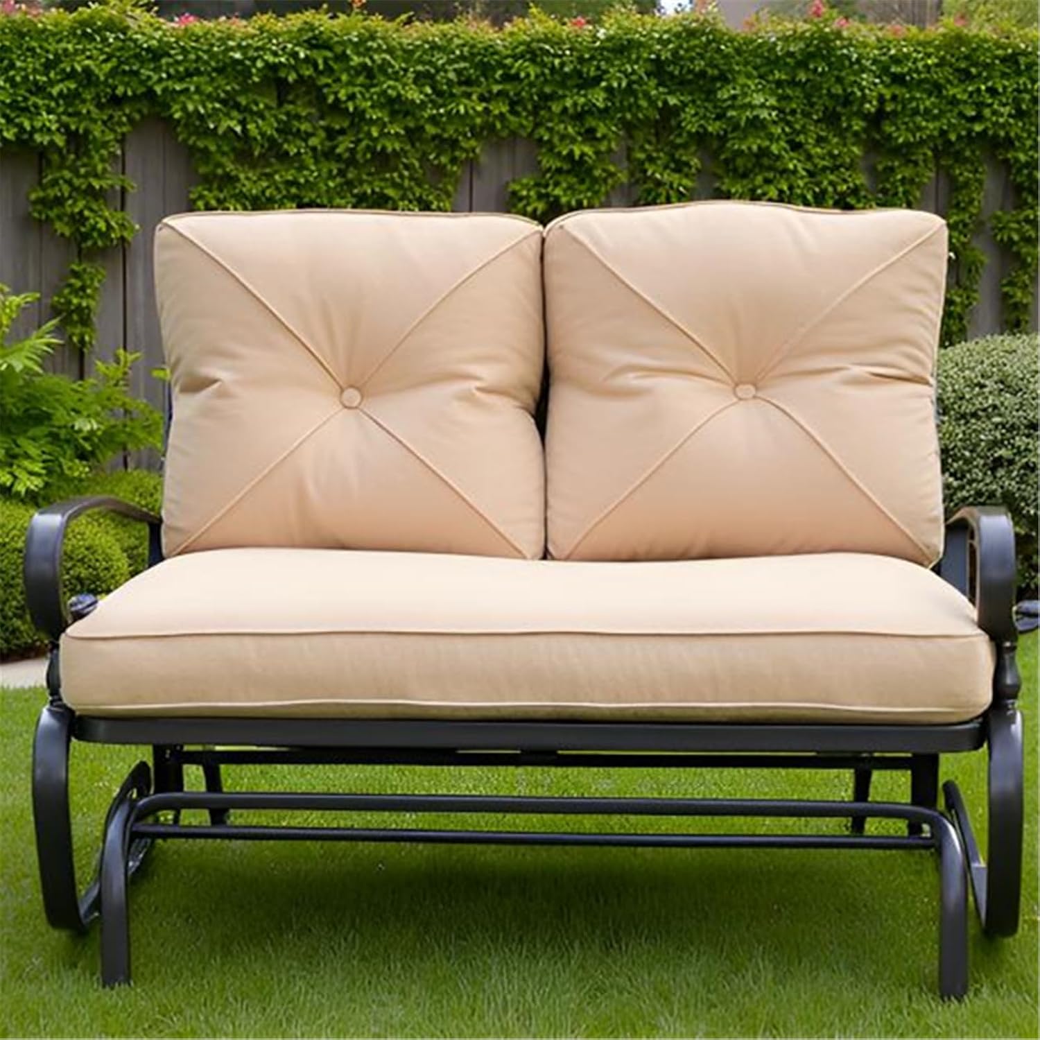 SUNCROWN Outdoor Swing Glider Chair, Patio 2 Seats Loveseat Rocking Chair with Cushions, Steel Frame Furniture - Brown