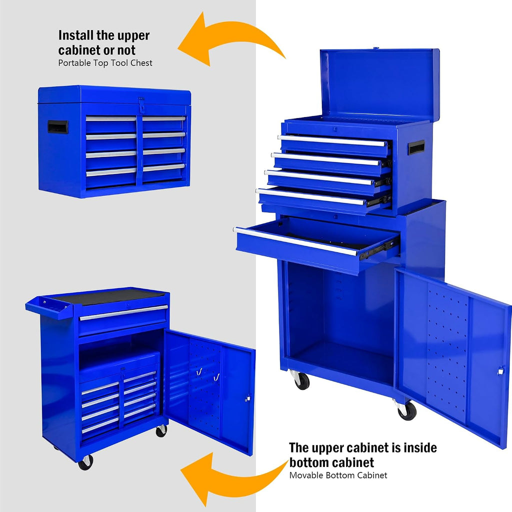 5-Drawer Tool Chest, Rolling Tool Box with Detachable Top Toolbox & Universal Wheels, Tool Cabinet with Lock Bar, Protective Liner & Tool Rack, Metal Storage Cart for Workshop,Garage (Blue)