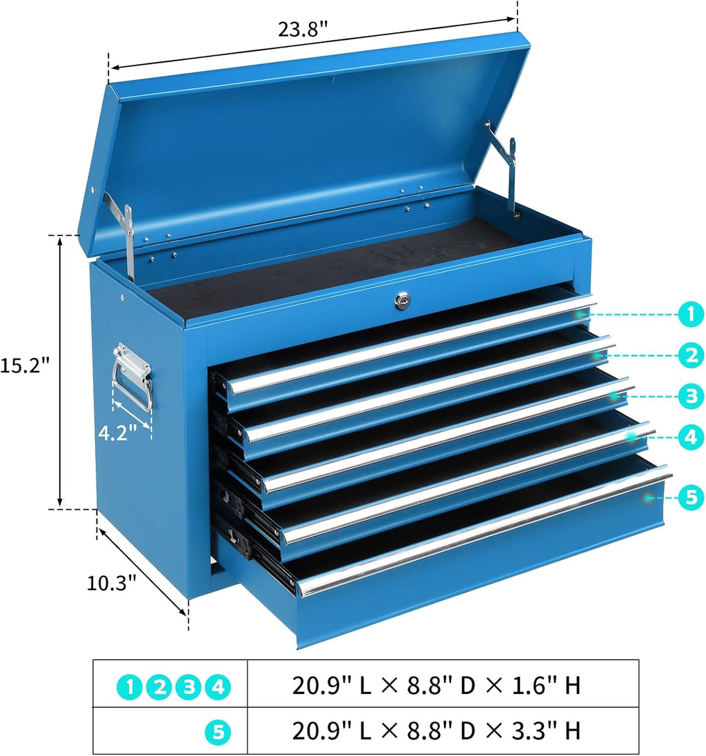 Winado 24' Portable Tool Box, 5 Drawer Tool Chest with Carry Handle, Top Case, Ball Bearing Runners, Lockable Metal Hand Toolbox for Garage, Warehouse, Repair Shop & Home, Blue