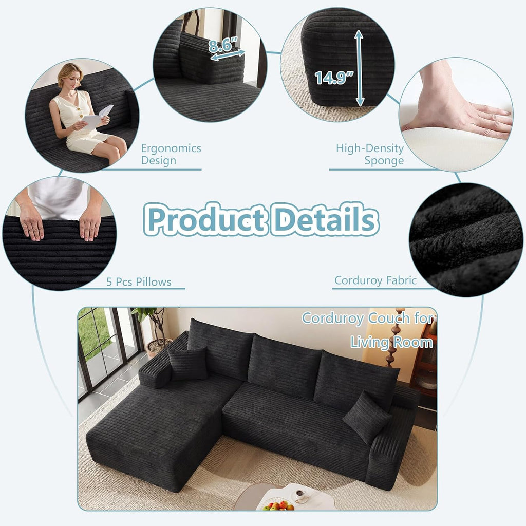 95' Cloud Sectional Couch with L-Shape Chaise, Modern Corduroy Boneless Couch for Living Room,Memory Foam Sofa with Deep Seat,No Assembly Required (Black,Left-Facing Chaise)