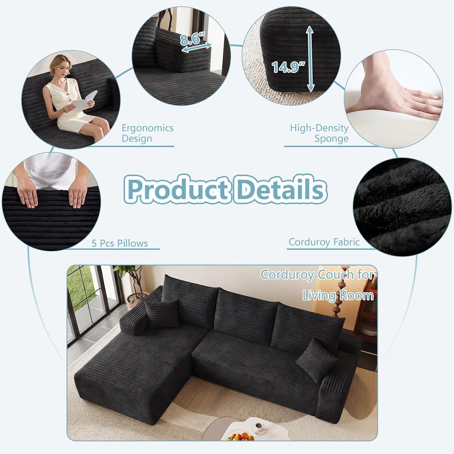 95' Cloud Sectional Couch with L-Shape Chaise, Modern Corduroy Boneless Couch for Living Room,Memory Foam Sofa with Deep Seat,No Assembly Required (Black,Left-Facing Chaise)