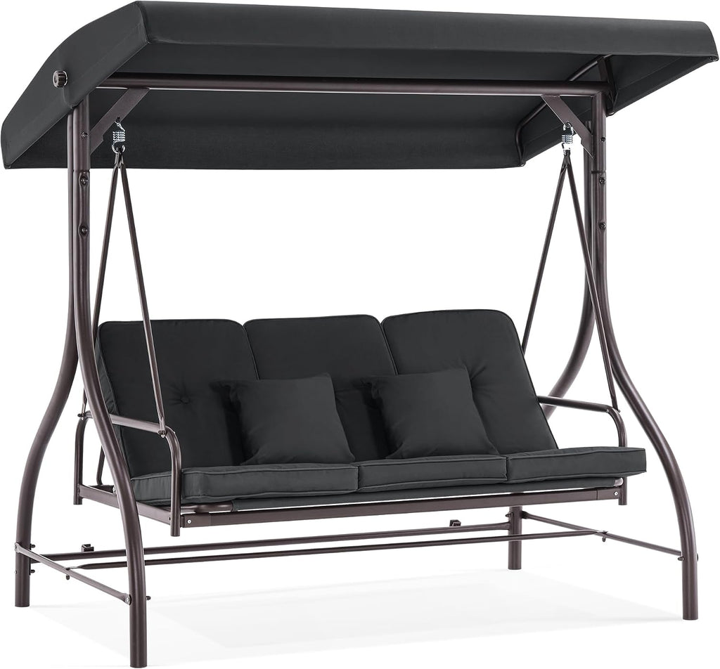 MCombo 3-Seat Outdoor Patio Swing Chair, 2-in-1 Convertible Porch Swing Glider Chair with Removable Cushions, Adjustable Canopy & Pillows for Backyard, Deck, Garden, 4068 (Black)