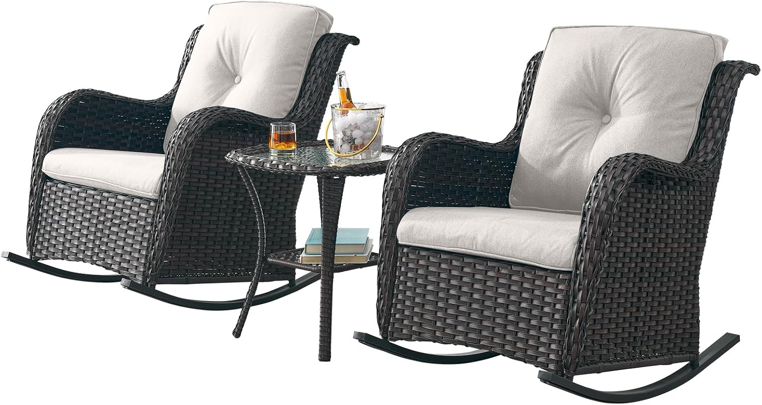Rilyson Patio Chairs Outdoor Rocking Chair - 3 Piece Wicker Patio Bistro Set Rattan Patio Furniture Rocker Chairs and Side Table for Porch Deck Backyard Garden(Brown/Beige)