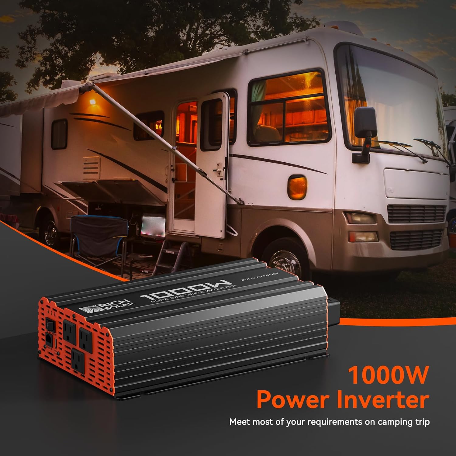 RICH SOLAR 1000 Watt 12 Volt Industrial Pure Sine Wave Inverter 12V DC to 110V AC Converter for RV Trailer Marine Off Grid Home