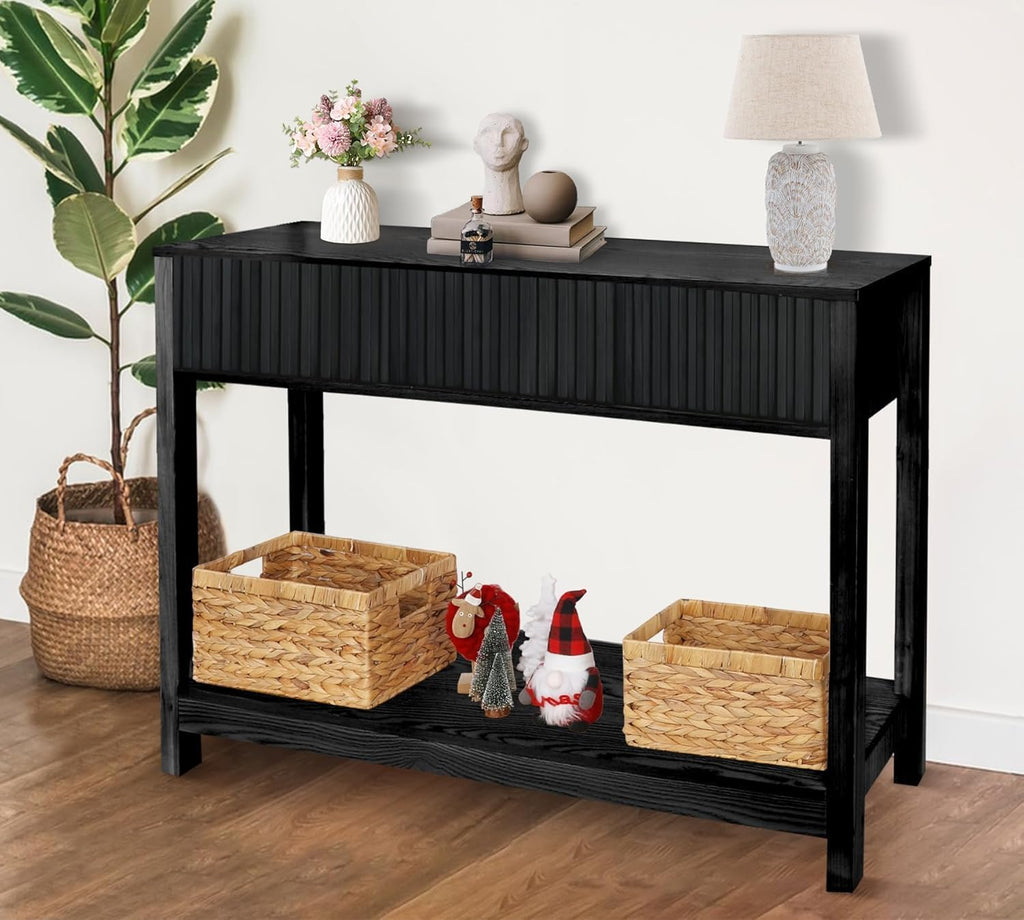 Fluted Console Table, Long Console Tables for Entryway 48' Vanity Desk, Black Boho Entry Table Narrow Modern Hallway Table Modern Sofa Table for Living Room