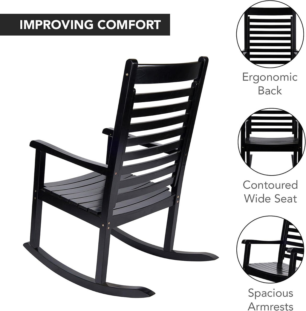 Shine Company Modern Wood Rocking Chairs, Ergonomic Wide Seat Porch Rockers, 2-Pack, Black