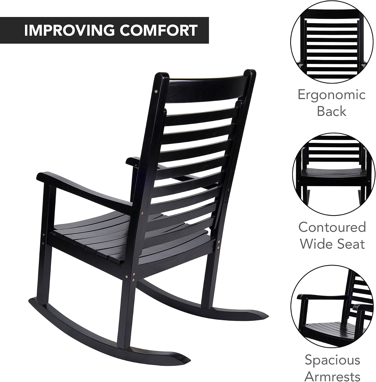 Shine Company Modern Wood Rocking Chairs, Ergonomic Wide Seat Porch Rockers, 2-Pack, Black