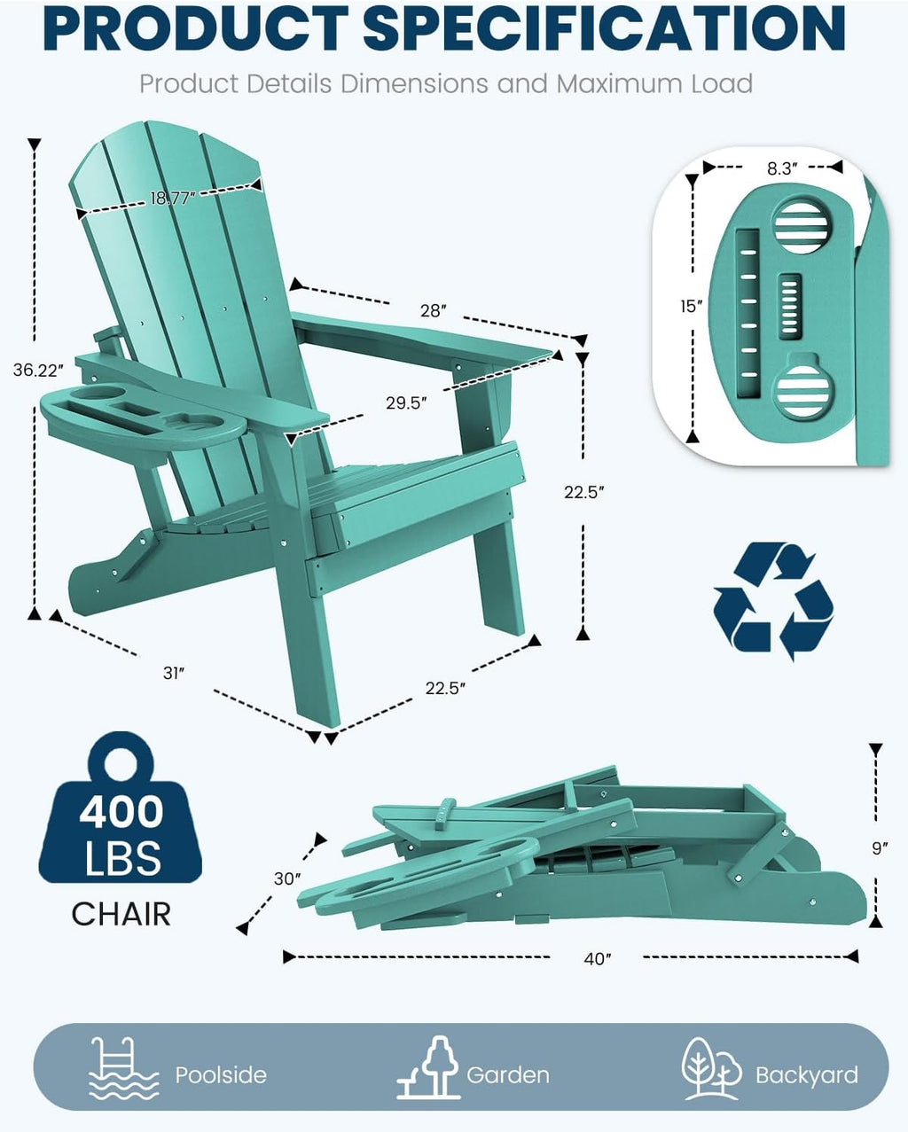 FOOWIN Folding Adirondack Chair Set of 4, HDPE Adirondack Chairs with Cup Holder, Weather Resistant Plastic Fire Pit Chairs for Outdoor, Patio, Lawn, Garden, Backyard, Deck, Lake Blue