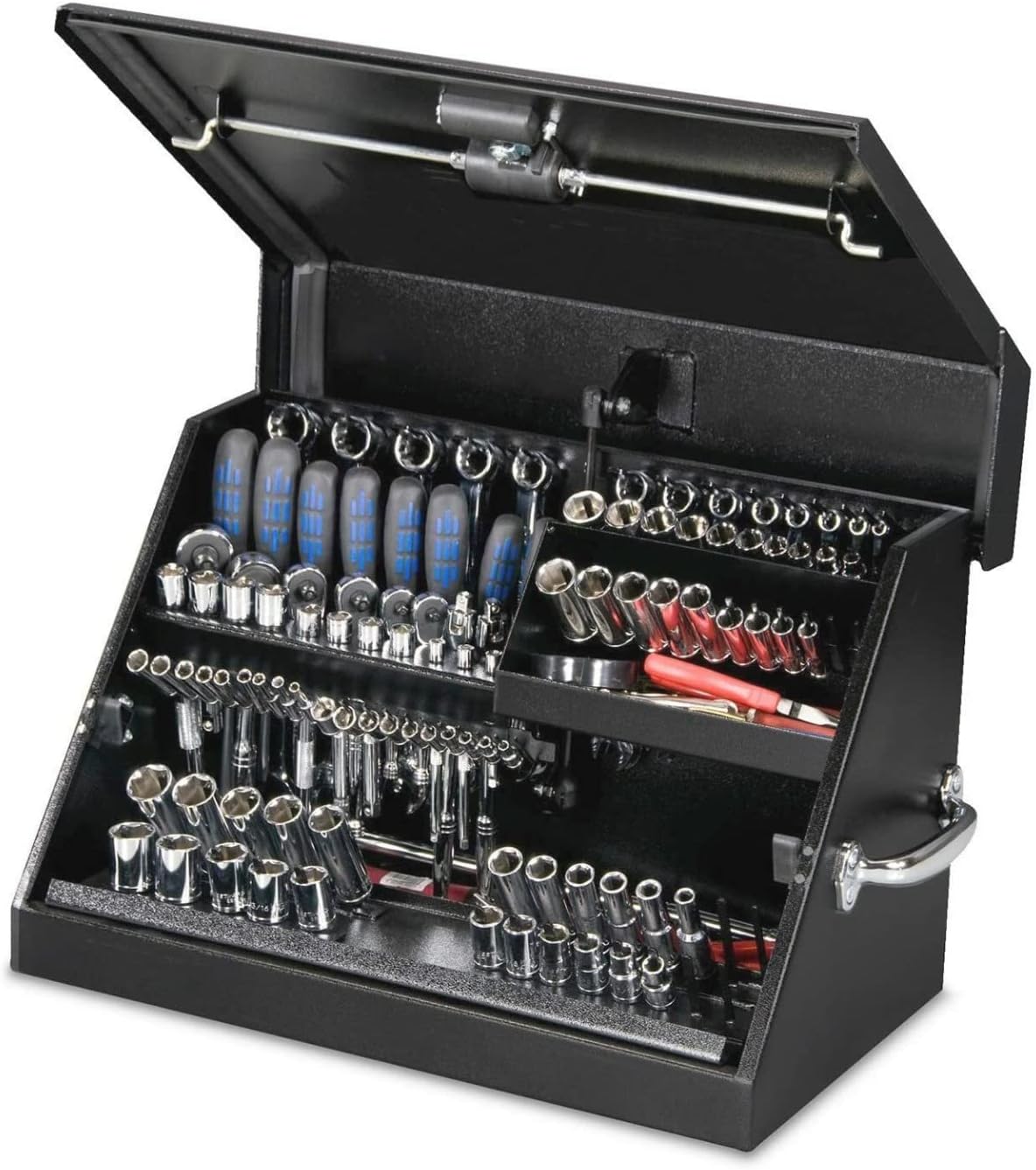 Montezuma – SM200B – 22.5-Inch Portable TRIANGLE Toolbox – Heavy-Duty Steel Construction – Metric and SAE Storage Chest – Weather-Resistant Toolbox – Lock and Latching System