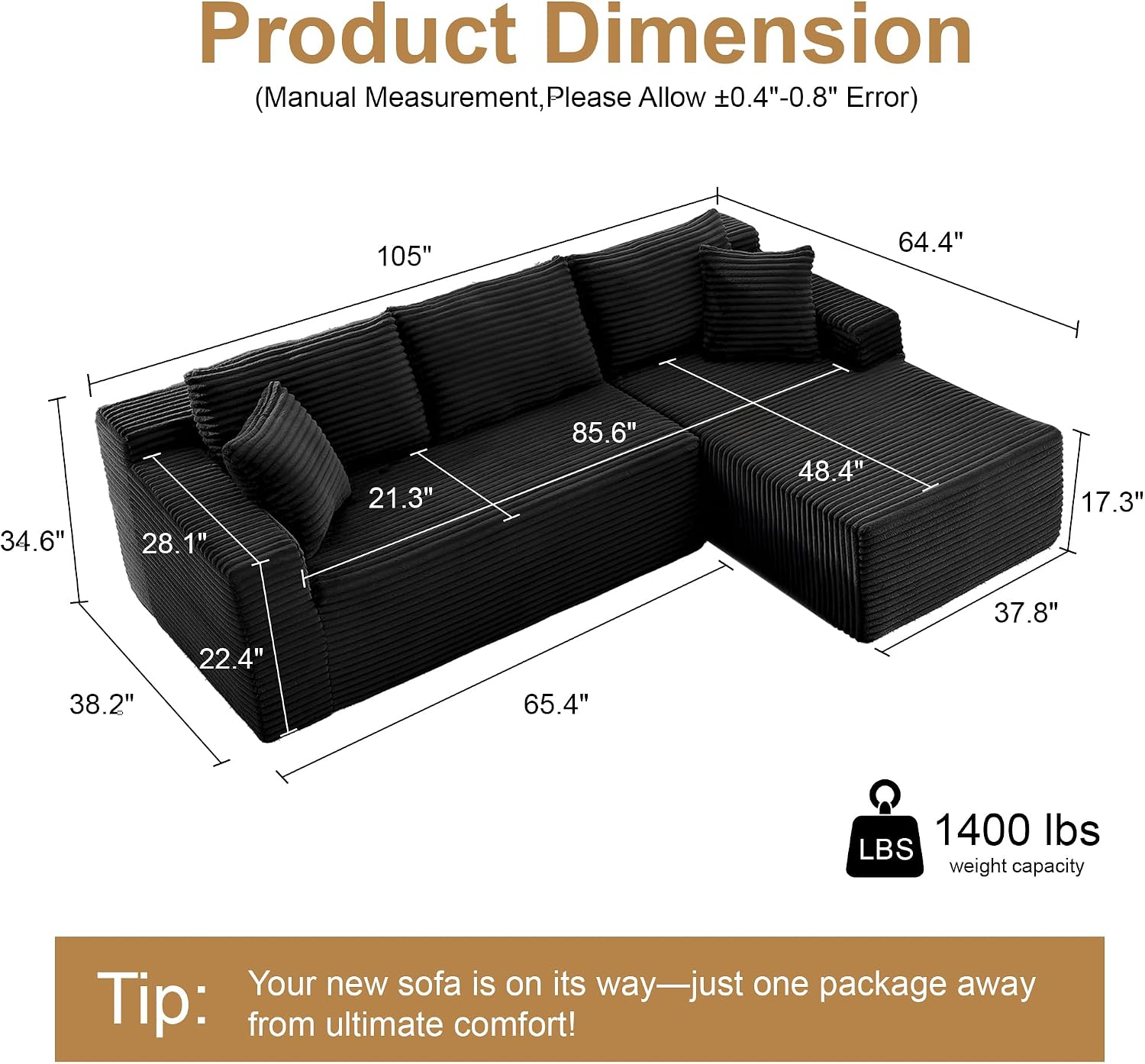 96' Sectional Couches for Living Room Cloud Couch Sofa with L-Shape Upholstered Boneless Couchs Modern Modular Sectional Couch with Chaise (Black, 105' W+Right)