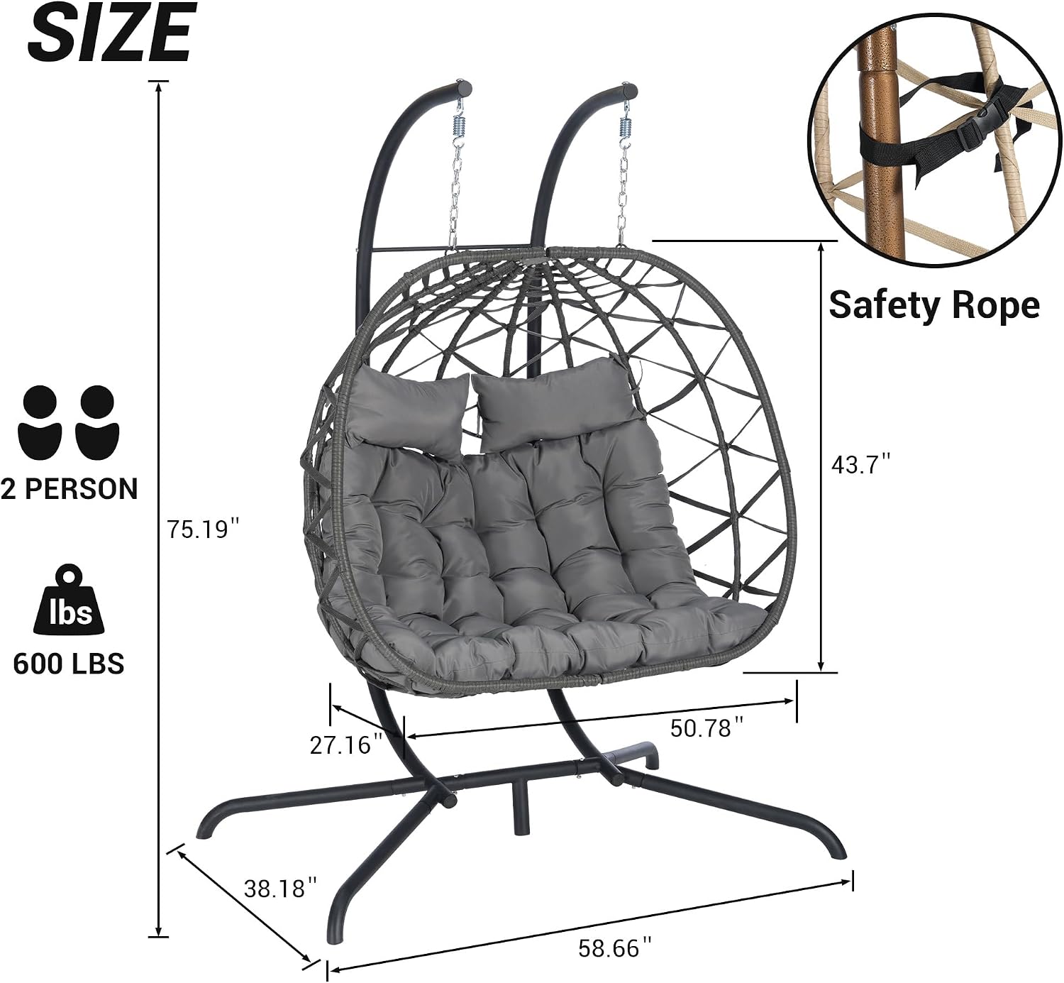 Lazy Daze Hammocks 2 Person Outdoor Rattan Hanging Chair Patio Wicker Egg Chair