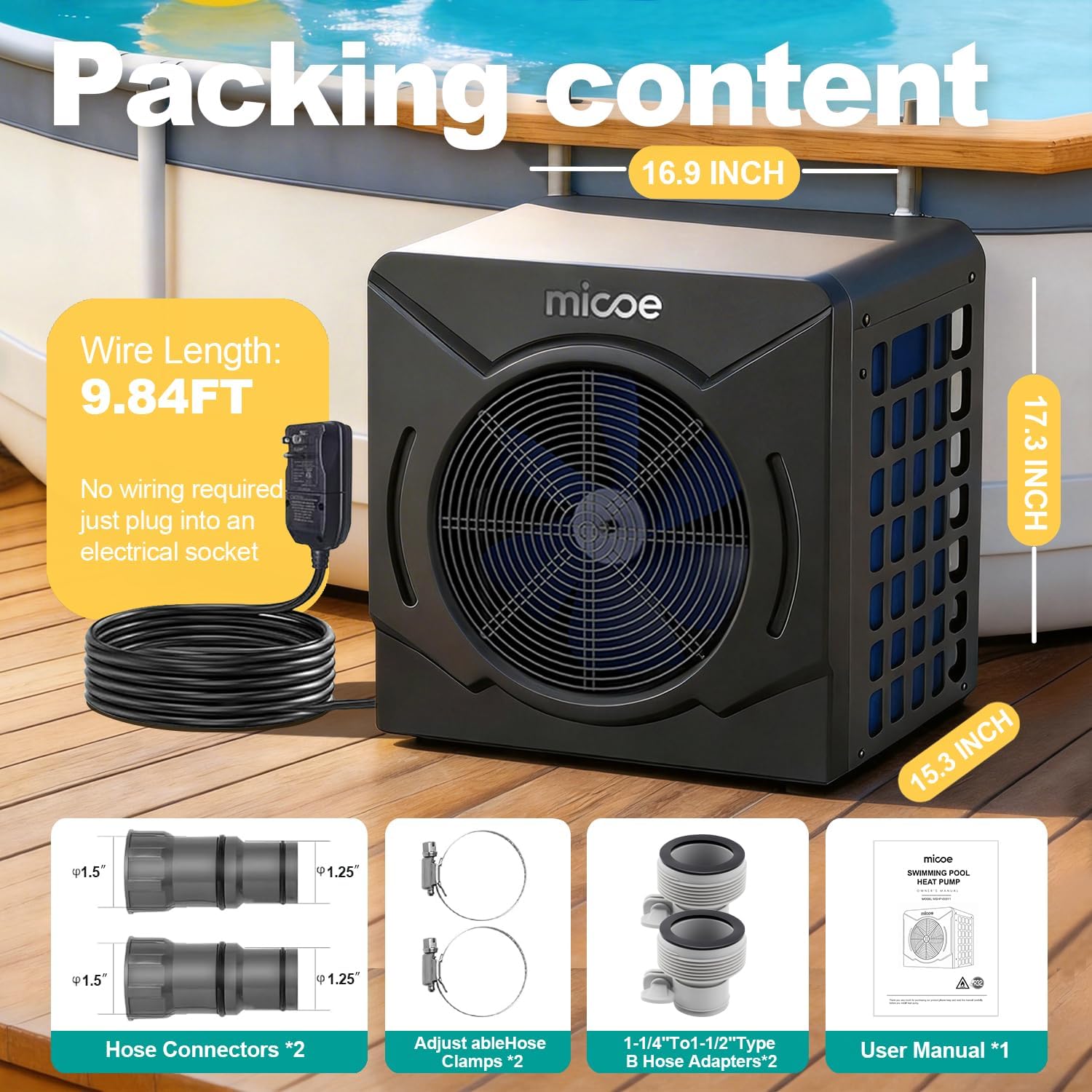 MICOE 18000 BTU Pool Heater for Above Ground Pools, Swimming Pool Heat Pump, Heating and Cooling, Smart App Control，Titanium Heat Exchanger, Ultra Quiet 50dB, 110V